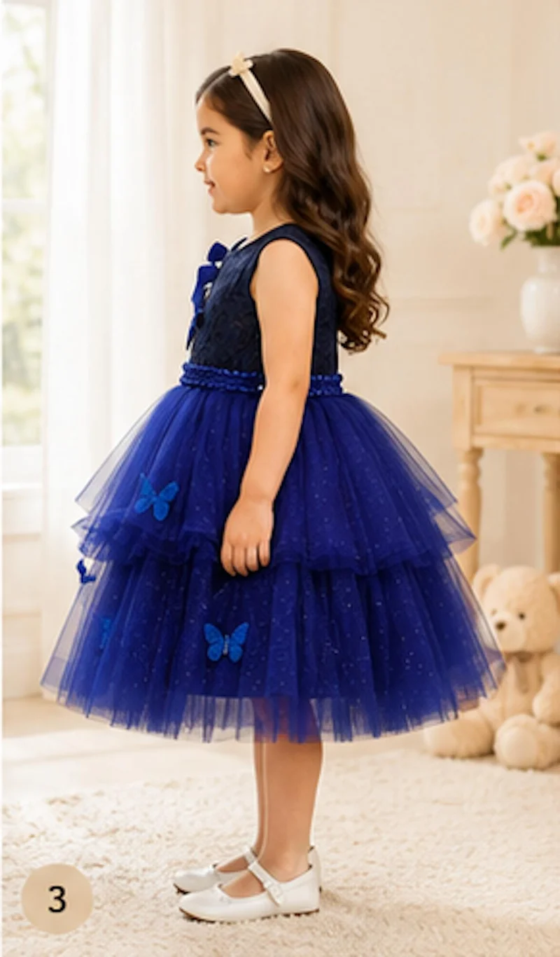 أرتيميا Artemea Toddler Girls Bow Embellished Layered Mesh Fit & Flare Party Dress - Royal Blue