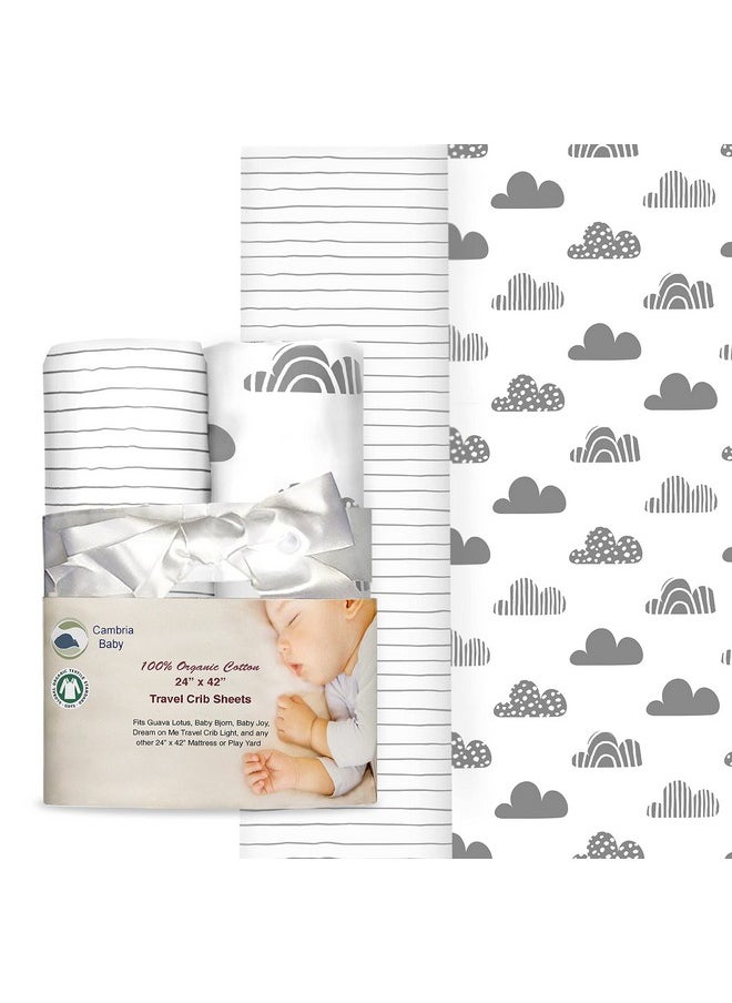Cambria Baby 100% Organic Cotton Fitted Travel Crib/Playard Sheets For Guava Lotus, Babybjorn, Dream On Me, Baby Joy And All Other 24" X 42" Pads/Mattresses. Safety Strap Holes In Each Corner. 2 Pk  - Image 1