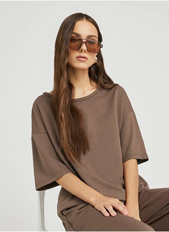 Take Two Take Two Solid Dropped Shoulder T-Shirt and Loose Fit Pants Co-Ords