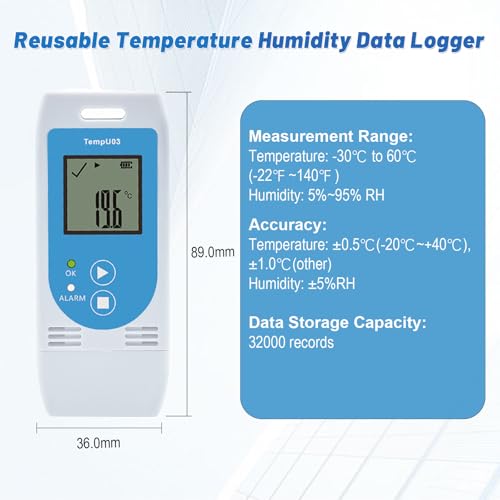Tzone Reusable Temperature and Humidity Data Logger USB,Temp Recorder Humidity Logger with PDF&CSV Report,Digital Refrigerator Thermometer Hygrometer 32000 Recording for Lab Food Storage,LED Alarm - Image 4