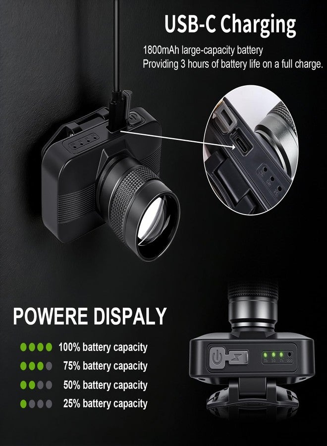 KunHe 2 Pack 333LM Aluminum Alloy Headlamp 1800mAh Rechargeable Headlamp with Zoomable 150M Long Beam IP65 Waterproof 3 Modes High Low Strobe for Outdoor Camping Construction Work Emergency - Image 4
