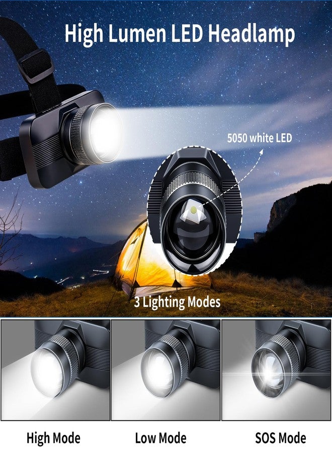 KunHe 2 Pack 333LM Aluminum Alloy Headlamp 1800mAh Rechargeable Headlamp with Zoomable 150M Long Beam IP65 Waterproof 3 Modes High Low Strobe for Outdoor Camping Construction Work Emergency - Image 2