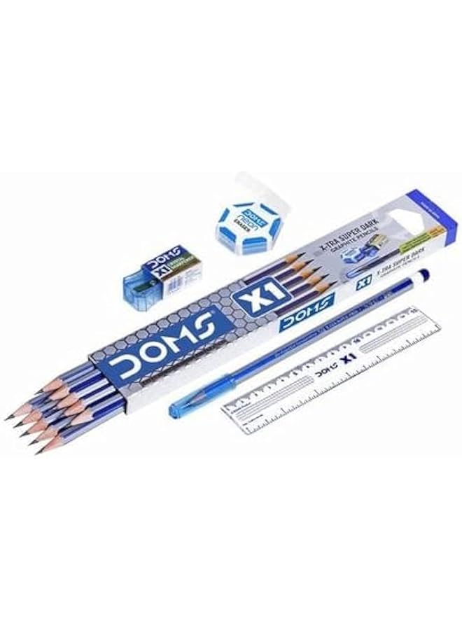 DOMS X1 Rt X1 Tra Super Dark Graphite Pencils With Crystal Sharpner 12 Pieces Set - Image 1