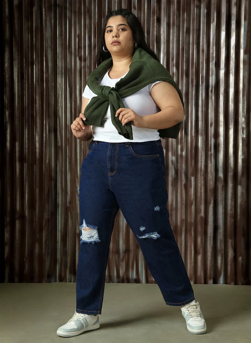 Women's Indigo 100% Cotton Distressed Full Length Mom Fit Jeans