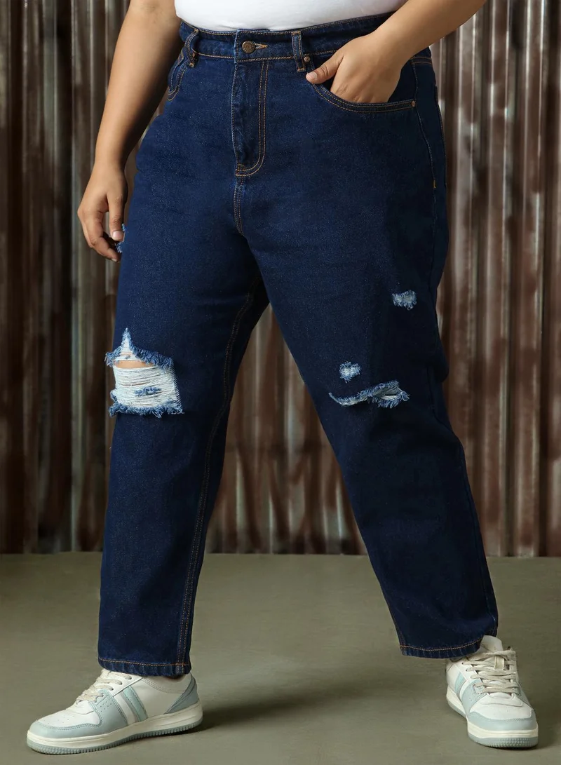 HIGH STAR Women's Indigo 100% Cotton Distressed Full Length Mom Fit Jeans
