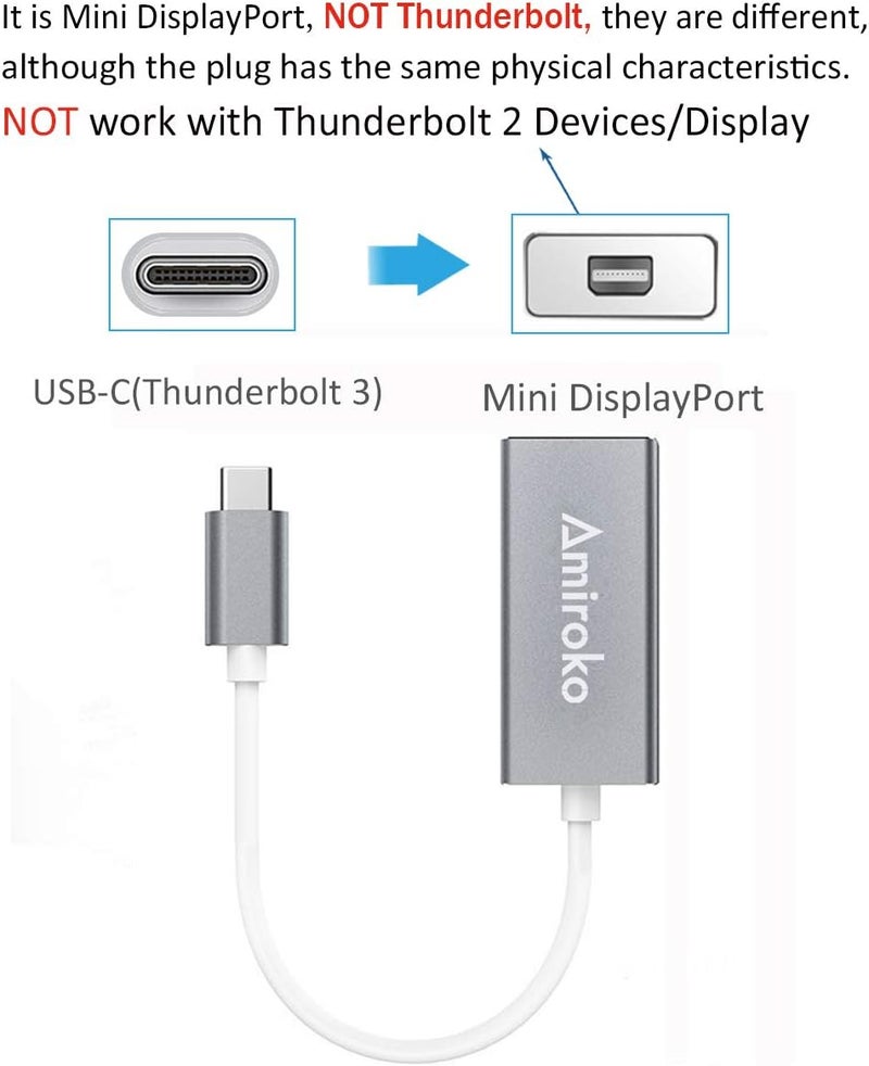 Amiroko USB-C to Mini DisplayPort Adapter, USB 3.1 Type C to Mini DP Adapter Support 4K, 1080P for MacBook Pro, MacBook 12", Alienware, to LED Cinema Display/Dell Monitor etc, Gray - Image 2