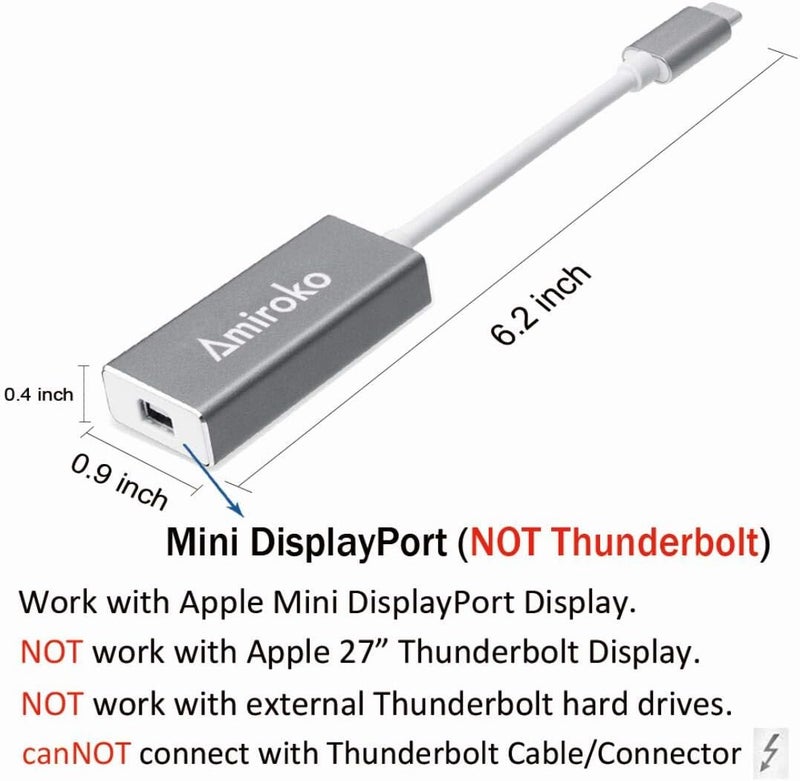 Amiroko USB-C to Mini DisplayPort Adapter, USB 3.1 Type C to Mini DP Adapter Support 4K, 1080P for MacBook Pro, MacBook 12", Alienware, to LED Cinema Display/Dell Monitor etc, Gray - Image 3