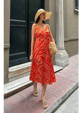 For You Moda Strappy Double Breasted Patterned Long Orange Dress  - Image 4