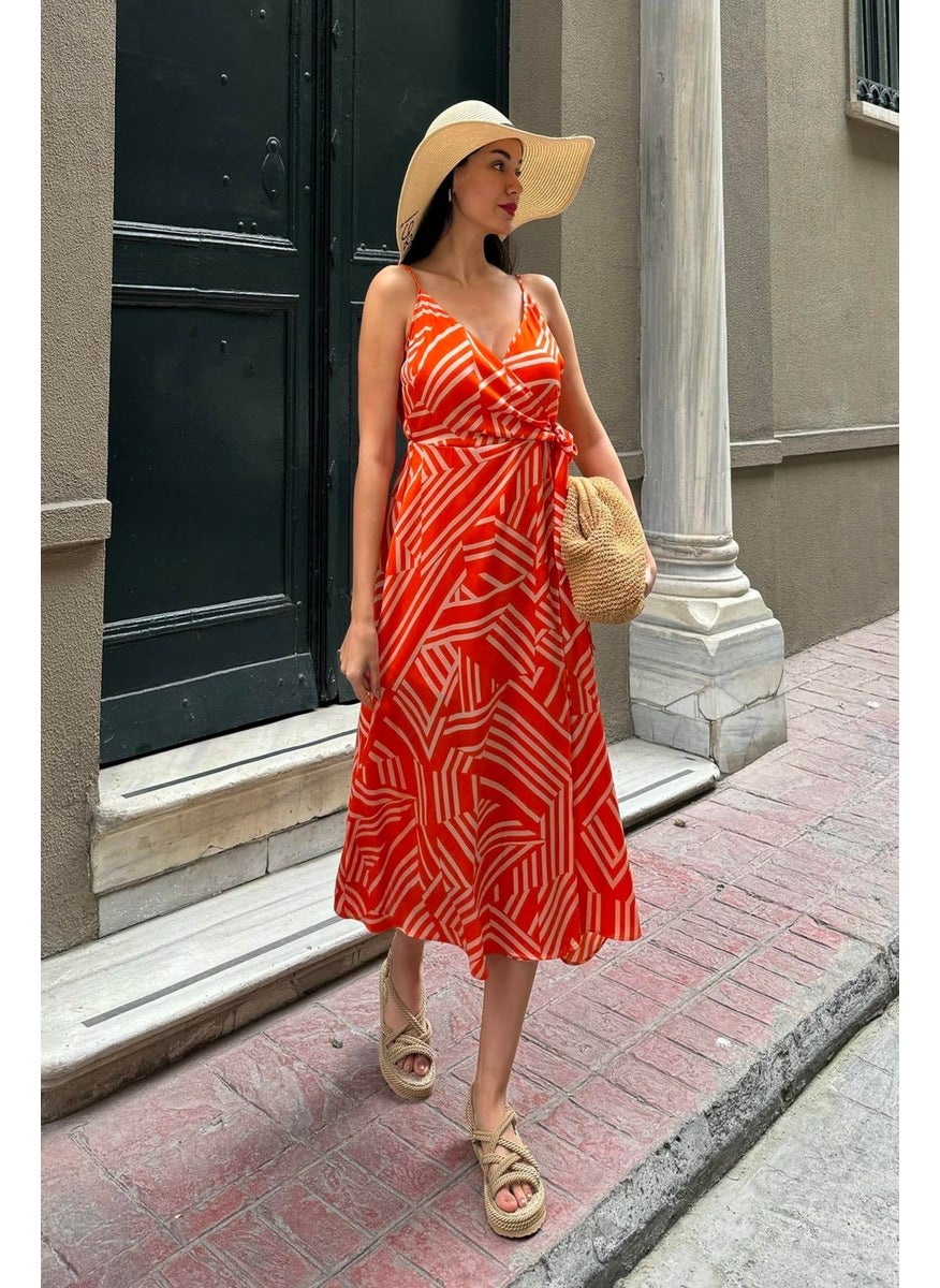 For You Moda Strappy Double Breasted Patterned Long Orange Dress  - Image 4