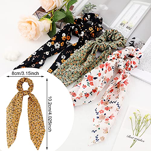 Chuangdi 10 Pcs Hair Scrunchies Hair Scarf with Ribbon Bunny Ears Chiffon Floral Bow Ponytail Holder Boho Elastic Floral Ropes 2 in 1 Vintage Accessories for Women(Ditsy Print) - Image 2