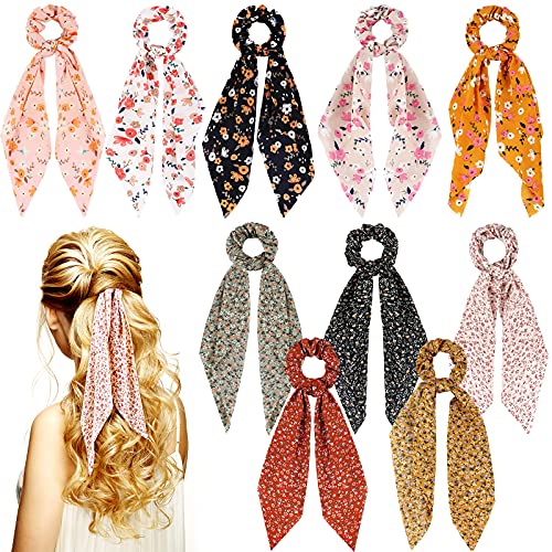 Chuangdi 10 Pcs Hair Scrunchies Hair Scarf with Ribbon Bunny Ears Chiffon Floral Bow Ponytail Holder Boho Elastic Floral Ropes 2 in 1 Vintage Accessories for Women(Ditsy Print) - Image 1