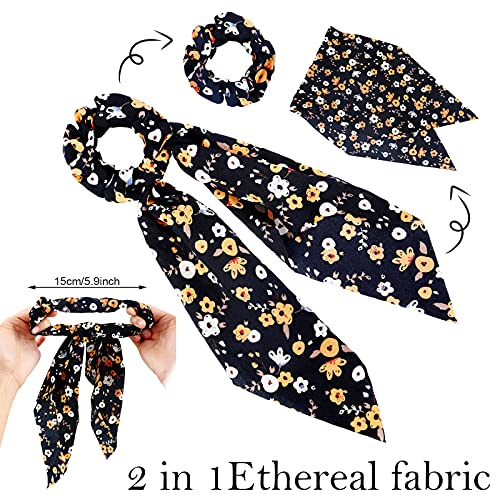 Chuangdi 10 Pcs Hair Scrunchies Hair Scarf with Ribbon Bunny Ears Chiffon Floral Bow Ponytail Holder Boho Elastic Floral Ropes 2 in 1 Vintage Accessories for Women(Ditsy Print) - Image 3