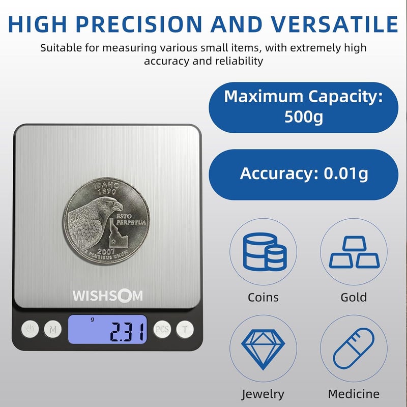 WISHSOM Professional Jewelry Scale, 500g x 0.01g High Precision Digital Gold Scale, Portable Precious Metal Gram Scale for Jewelers, Pawn Shops, Coin Dealers, Gold & Silver Weighing - Image 3