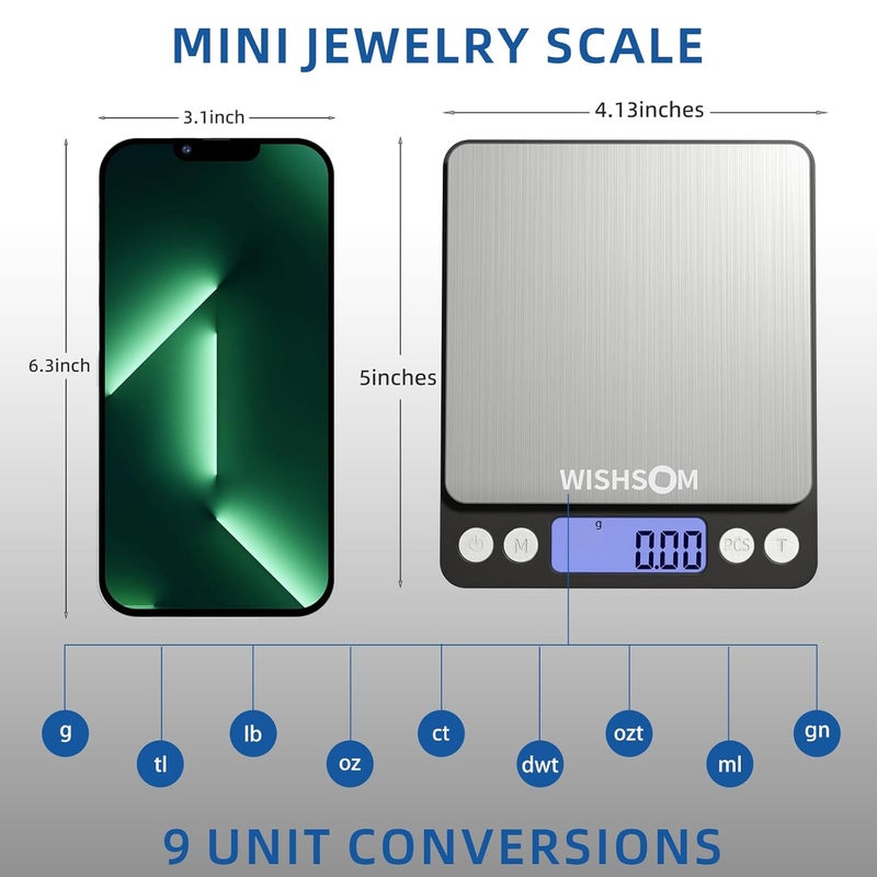 WISHSOM Professional Jewelry Scale, 500g x 0.01g High Precision Digital Gold Scale, Portable Precious Metal Gram Scale for Jewelers, Pawn Shops, Coin Dealers, Gold & Silver Weighing - Image 5