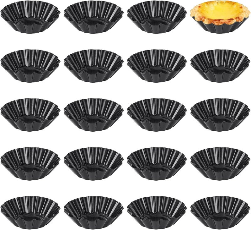 LOLYSIC 20Pcs Egg Tart Tins, 3 Inch Non Stick Egg Tart Moulds, Carbon Steel Mini Cupcake Moulds Reusable Fluted Mini Tart Tins for Baking Cupcake Cake Muffin Minced Pie, Black - Image 1