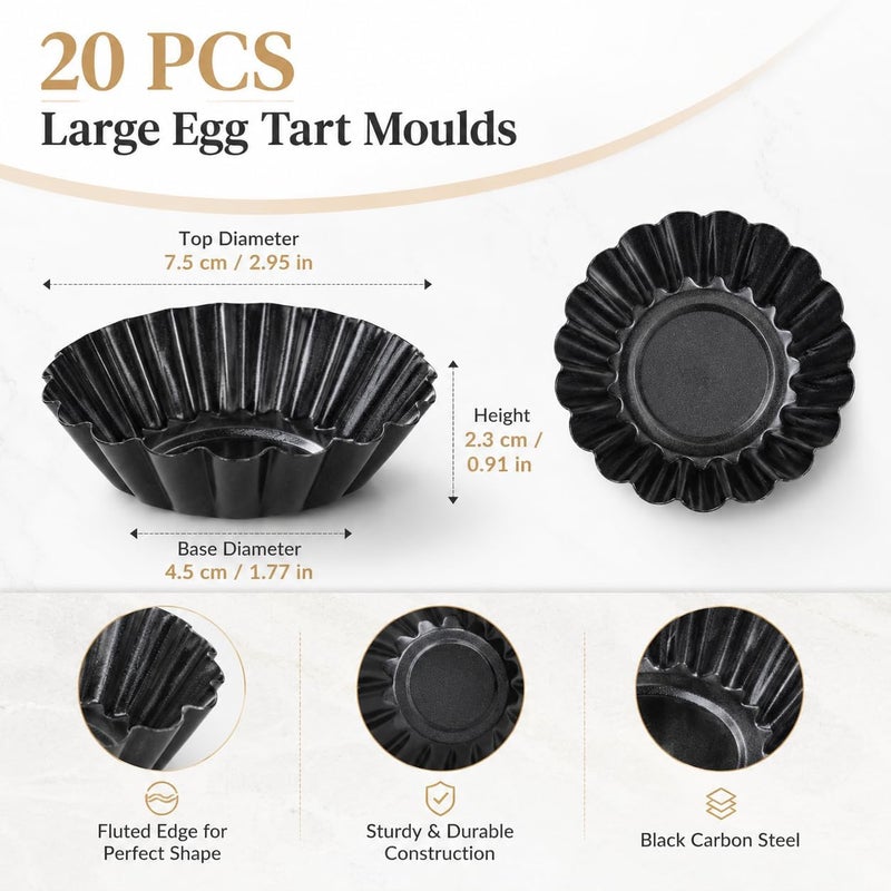 LOLYSIC 20Pcs Egg Tart Tins, 3 Inch Non Stick Egg Tart Moulds, Carbon Steel Mini Cupcake Moulds Reusable Fluted Mini Tart Tins for Baking Cupcake Cake Muffin Minced Pie, Black - Image 2