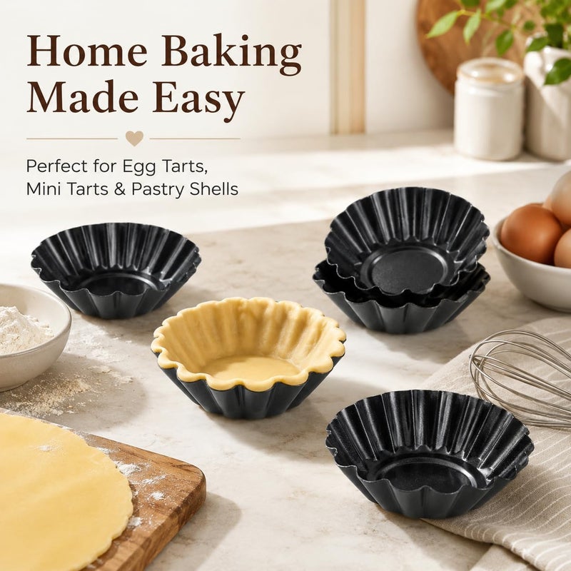 LOLYSIC 20Pcs Egg Tart Tins, 3 Inch Non Stick Egg Tart Moulds, Carbon Steel Mini Cupcake Moulds Reusable Fluted Mini Tart Tins for Baking Cupcake Cake Muffin Minced Pie, Black - Image 5