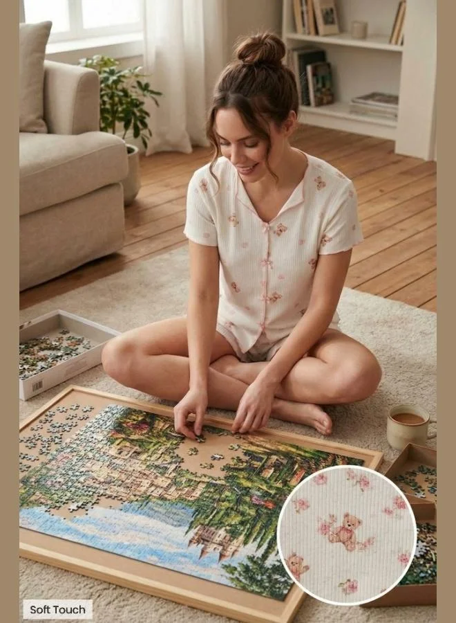 ليلا Lela Regular Fit Patterned V-Neck Shorts Pajama Set Women's PAJAMA SET 65770837