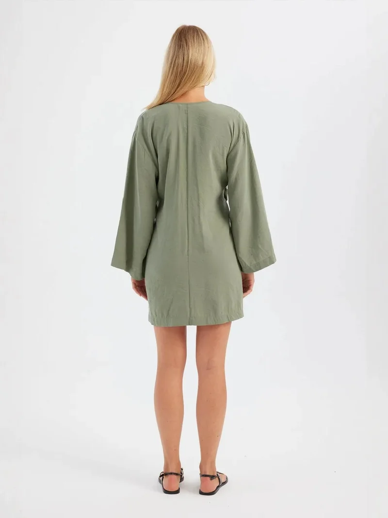 HICCUP V Neck Long Sleeve Mini Dress with a Belt Detail