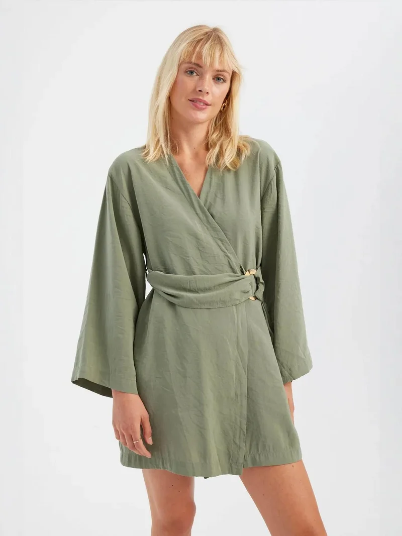 HICCUP V Neck Long Sleeve Mini Dress with a Belt Detail