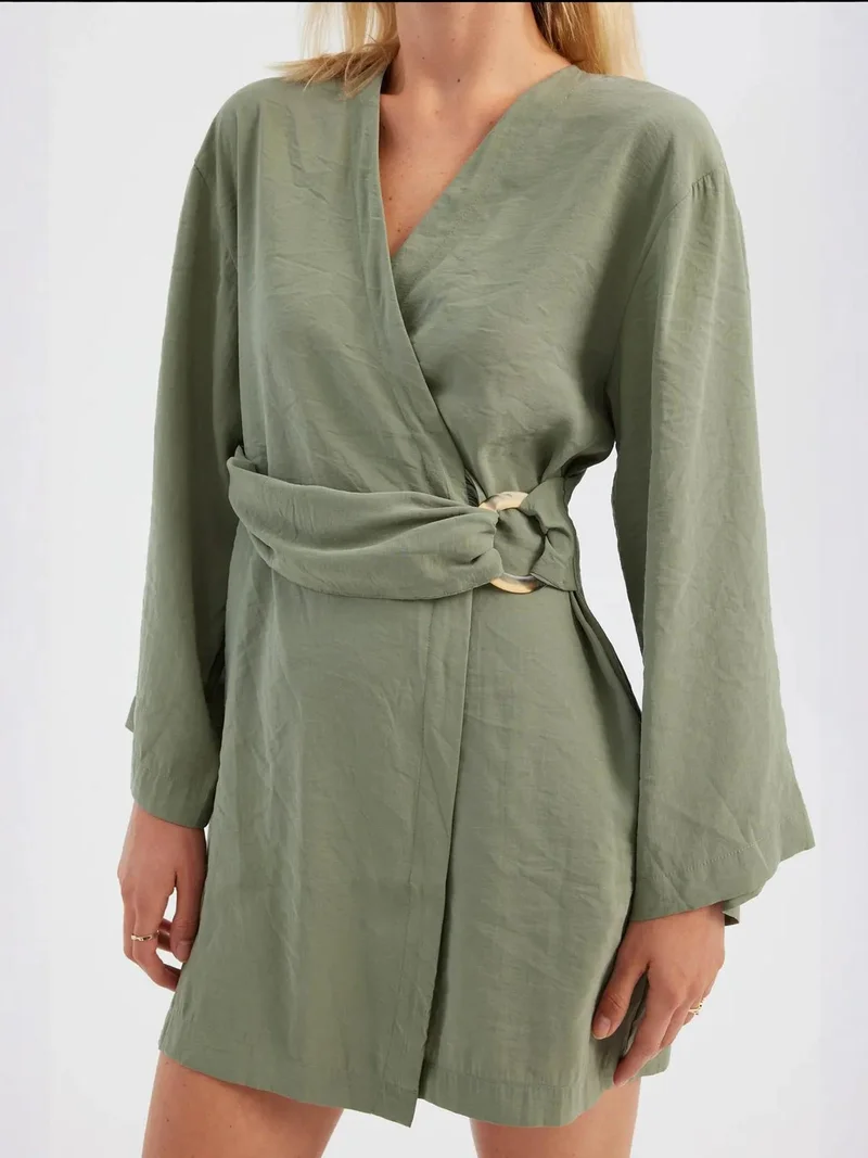 HICCUP V Neck Long Sleeve Mini Dress with a Belt Detail