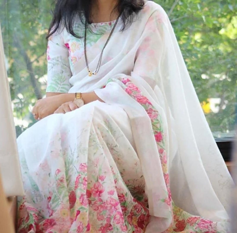 Sidhidata Women's Floral Printed Cotton Linen Saree with Unstitched Blouse Piece - White - Image 3