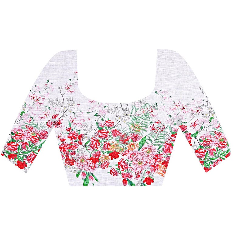 Sidhidata Women's Floral Printed Cotton Linen Saree with Unstitched Blouse Piece - White - Image 5