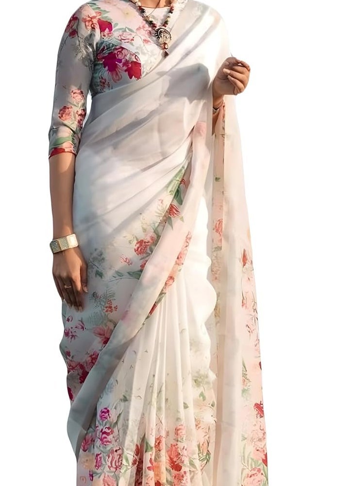 Sidhidata Women's Floral Printed Cotton Linen Saree with Unstitched Blouse Piece - White - Image 1