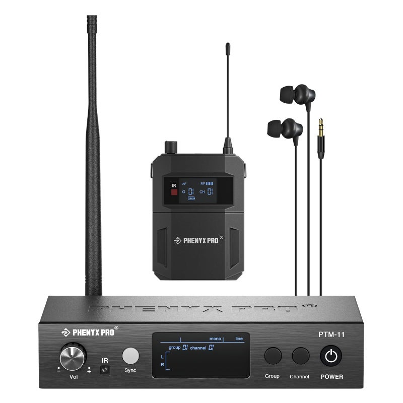 Phenyx Pro UHF Mono Wireless in-Ear Monitor System, Metal Wireless IEM System, Bodypack Receiver, 50 Adjustable Frequencies, Separate Outputs, 164ft Operation, Suitable for Band and Studio (PTM-11) - Image 1