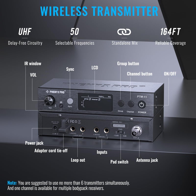 Phenyx Pro UHF Mono Wireless in-Ear Monitor System, Metal Wireless IEM System, Bodypack Receiver, 50 Adjustable Frequencies, Separate Outputs, 164ft Operation, Suitable for Band and Studio (PTM-11) - Image 2