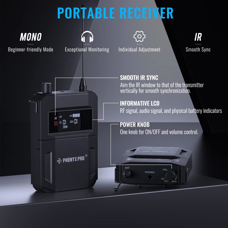 Phenyx Pro UHF Mono Wireless in-Ear Monitor System, Metal Wireless IEM System, Bodypack Receiver, 50 Adjustable Frequencies, Separate Outputs, 164ft Operation, Suitable for Band and Studio (PTM-11) - Image 3