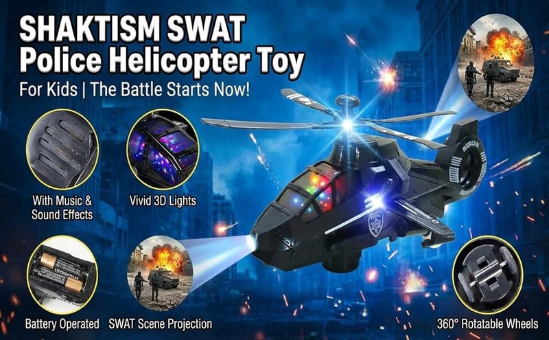 SHAKTISM SWAT Police Helicopter Toy with 3D Lights, Music, Projection Function, Black, Battery Operated, 360° Rotatable Wheels for Kids -1Pc - Random Colour - Image 3