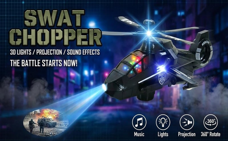 SHAKTISM SWAT Police Helicopter Toy with 3D Lights, Music, Projection Function, Black, Battery Operated, 360° Rotatable Wheels for Kids -1Pc - Random Colour - Image 2