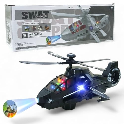 SHAKTISM SWAT Police Helicopter Toy with 3D Lights, Music, Projection Function, Black, Battery Operated, 360° Rotatable Wheels for Kids -1Pc - Random Colour - Image 1