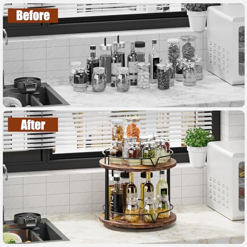 KLM 12" Wood Lazy Susan, Rotating Spice Rack, 2 Tier Spice Turntable Organizer, Industrial Turntable Spice Holder, for Kitchen Countertop and Cabinet, Compact and Versatile, Rustic Brown - Image 4