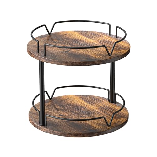 KLM 12" Wood Lazy Susan, Rotating Spice Rack, 2 Tier Spice Turntable Organizer, Industrial Turntable Spice Holder, for Kitchen Countertop and Cabinet, Compact and Versatile, Rustic Brown - Image 1
