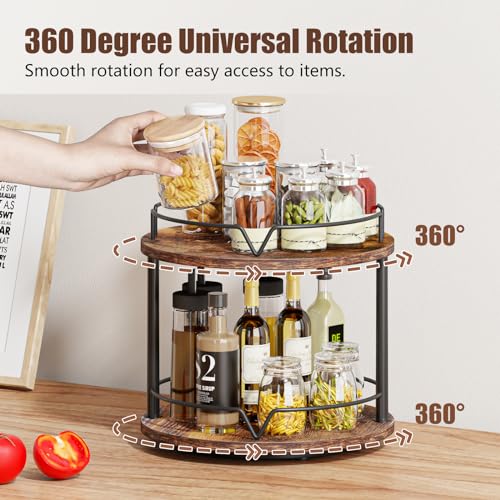 KLM 12" Wood Lazy Susan, Rotating Spice Rack, 2 Tier Spice Turntable Organizer, Industrial Turntable Spice Holder, for Kitchen Countertop and Cabinet, Compact and Versatile, Rustic Brown - Image 2