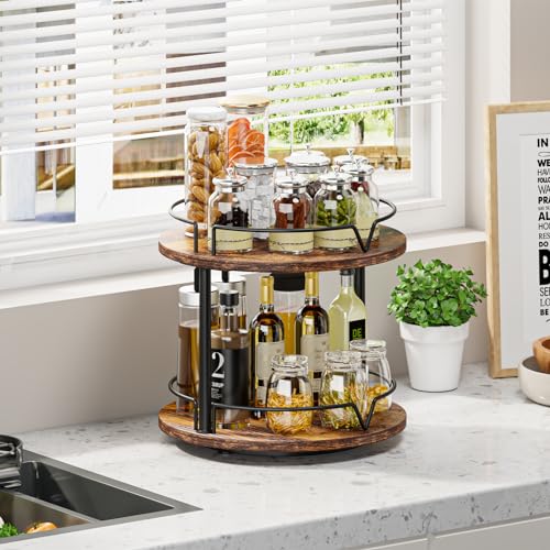 KLM 12" Wood Lazy Susan, Rotating Spice Rack, 2 Tier Spice Turntable Organizer, Industrial Turntable Spice Holder, for Kitchen Countertop and Cabinet, Compact and Versatile, Rustic Brown - Image 3