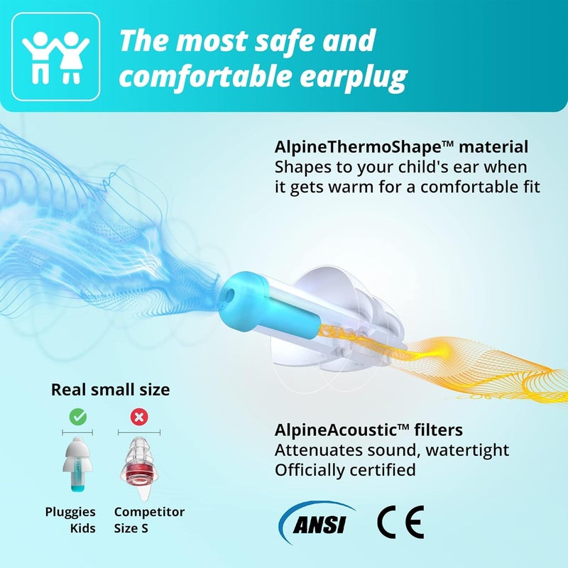 Alpine سدادات أذن ألباين للأطفال لقنوات الأذن الصغيرة سدادات أذن مانعة للضوضاء للأطفال من عمر 5 إلى 12 حماية سمعية متعددة الوظائف للطيران والسباحة سدادات أذن قابلة لإعادة الاستخدام وفلتر مضاد للحساسية - Image 5