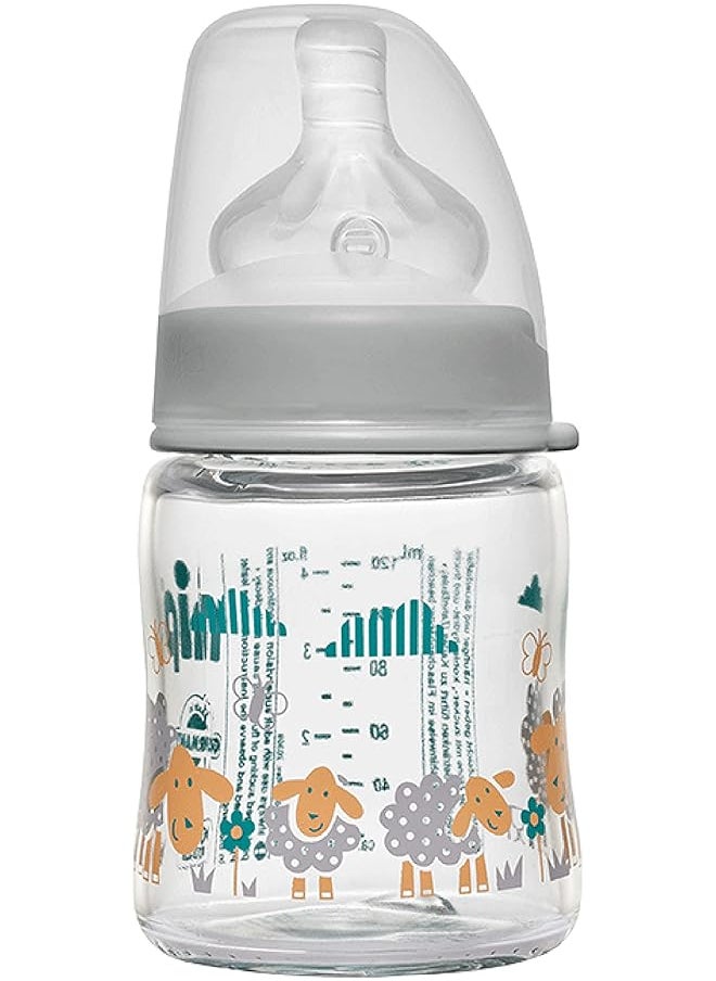nip Wide Neck Glass Bottle Silicone Round Teat Medium 120 Ml 0M Plus Made In Germany Grey  - Image 1
