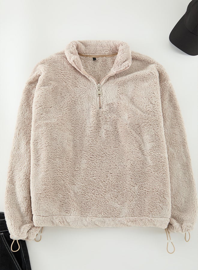 trendyol Beige Regular/Normal Cut Stopper Thick Polar/Plush Sweatshirt - Image 1