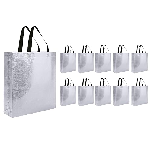Evafly Gift Bag Medium Size Pack of 10 : L13 x W12 x D4 inch|Resuable Non-Woven Shiny Metallic Laminated|Return Gift For Haldi/Wedding Favours/Baby Shower/Birthday - Silver - Image 1