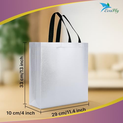 Evafly Gift Bag Medium Size Pack of 10 : L13 x W12 x D4 inch|Resuable Non-Woven Shiny Metallic Laminated|Return Gift For Haldi/Wedding Favours/Baby Shower/Birthday - Silver - Image 2
