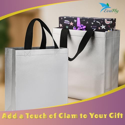 Evafly Gift Bag Medium Size Pack of 10 : L13 x W12 x D4 inch|Resuable Non-Woven Shiny Metallic Laminated|Return Gift For Haldi/Wedding Favours/Baby Shower/Birthday - Silver - Image 4