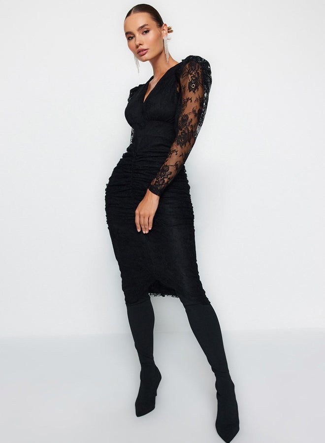 trendyol Evening Dresses  Evening Graduation Dress, BlackFitted Lined Draped Lace Stylish - Image 2