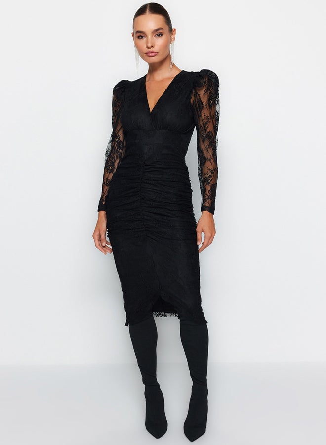 trendyol Evening Dresses  Evening Graduation Dress, BlackFitted Lined Draped Lace Stylish - Image 1