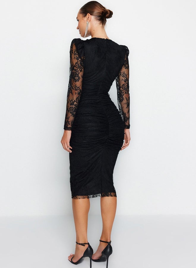 trendyol Evening Dresses  Evening Graduation Dress, BlackFitted Lined Draped Lace Stylish - Image 5