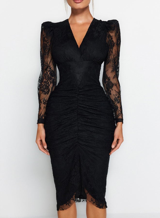 trendyol Evening Dresses  Evening Graduation Dress, BlackFitted Lined Draped Lace Stylish - Image 4