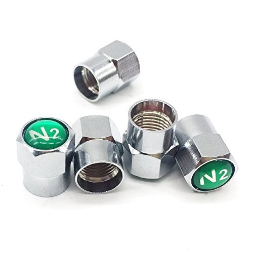 GODESON Chrome Plated Brass Tire Valve Stem Caps N2 Nitrogen Sign Logo on The Top, 5 pcs/Set (Additional 1pcs Spare). - Image 1