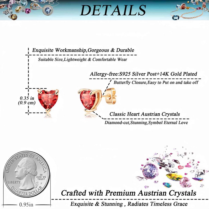 EVEVIC Heart Austrian Crystal Stud Earrings for Women Fashion 925 Sterling Silver Hypoallergenic Jewelry (Red) - Image 4